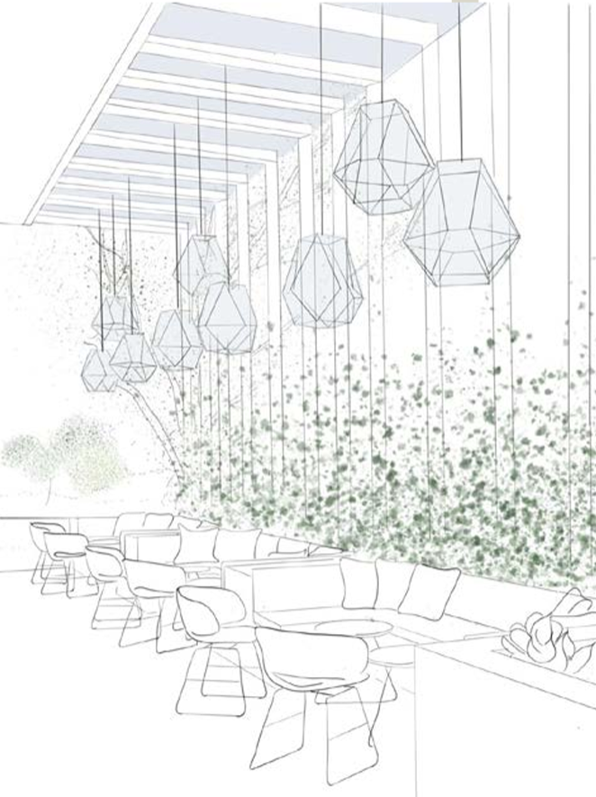 Drawing of a seating space with benches and chairs indicated and tetrahedron shaped lights hanging above.