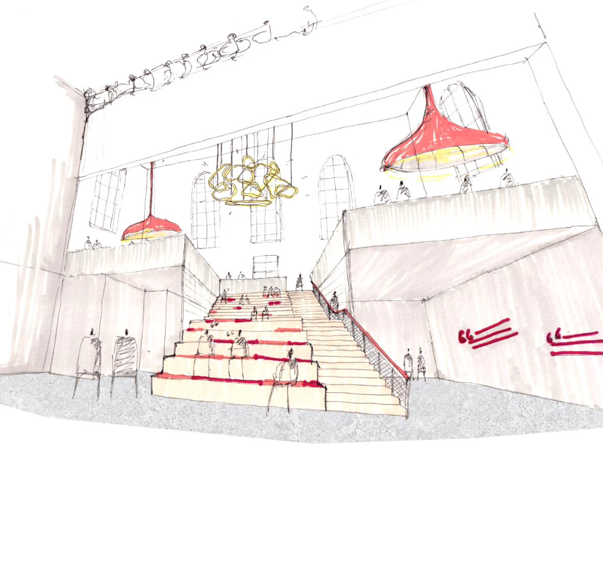 Sketch of a foyer and a large staircase leading up to a first floor.