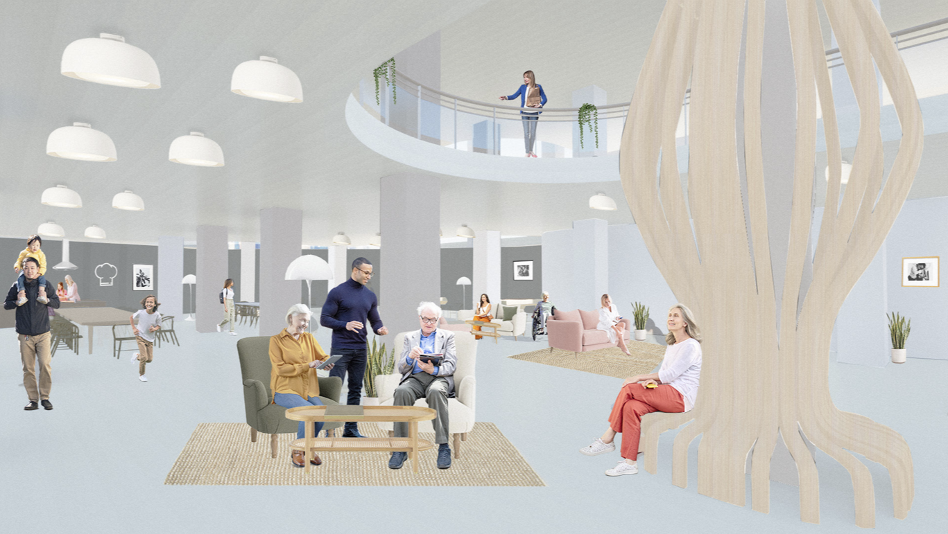 Illustration of a large communal space in a building with various people sitting in chairs and talking with each other. There is a balcony above with a person stood at it looking down.