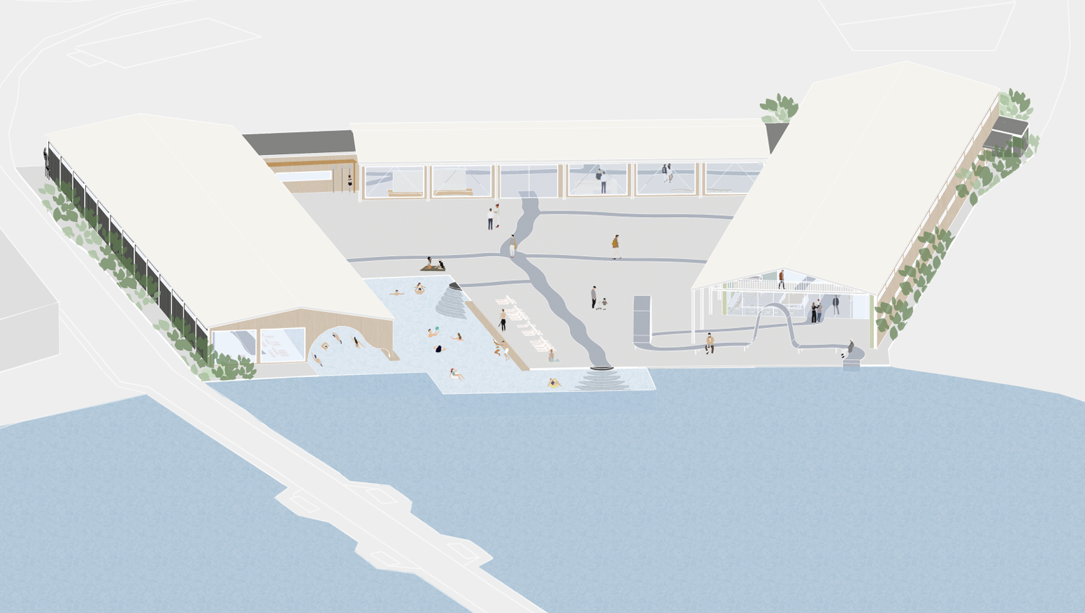 Illustration of two long outdoor buildings next to a body of water.