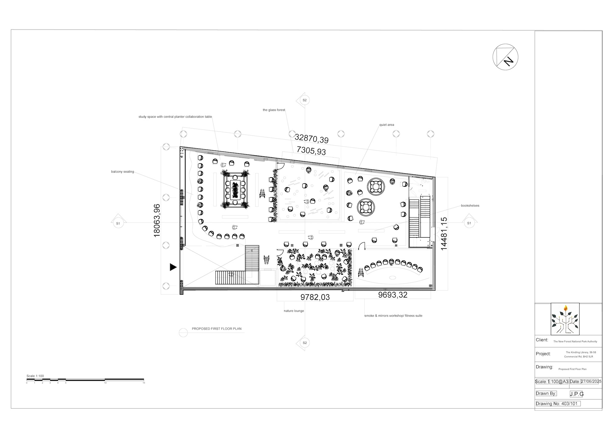 Architectural floor plan drawing showing rectangular layout with scattered circular elements, dimensions, and technical annotations in black ink.