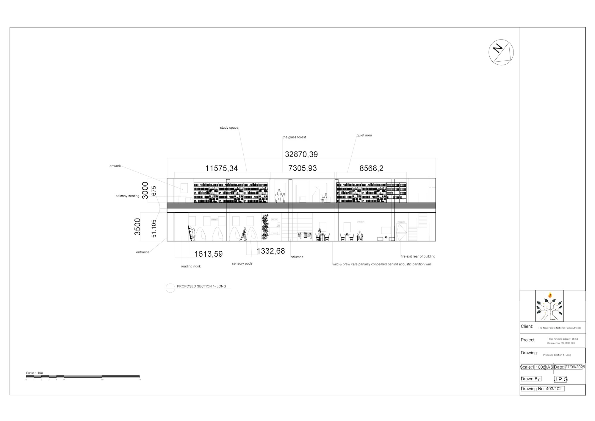 Architectural elevation drawing showing building cross-section with measurements, black and white technical diagram with dimensions and structural details.