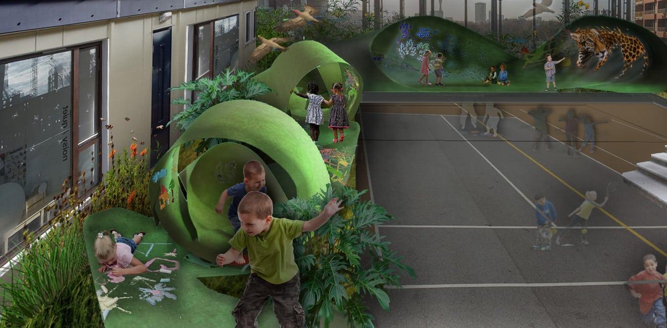 Children in an outdoor play area with green areas to the side and a concrete playground area in the middle.