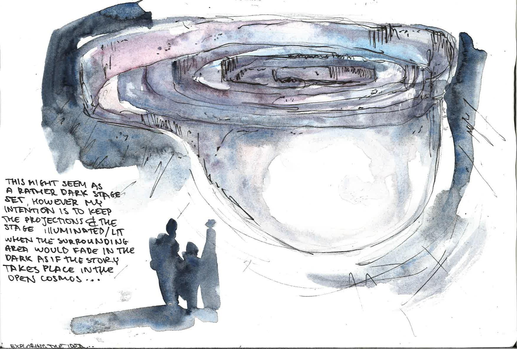 Abstract watercolour image with handwritten annotation appearing next to it. Annotation reads, ''This might seem as a rather dark stage set, however my intention is to keep the projections & the stage illuminated when the surrounding area would fade in the dark as if the story takes place in the open cosmos...'