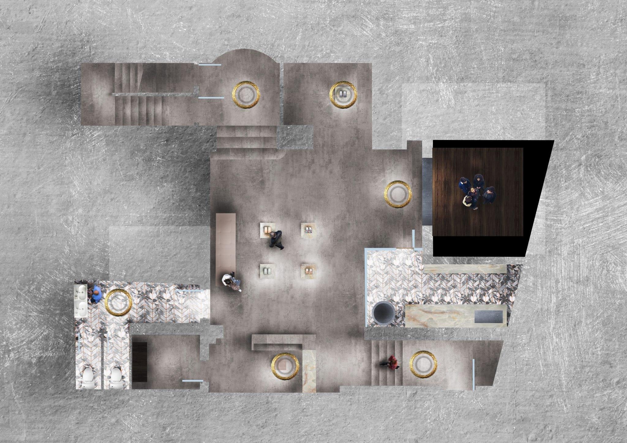 Aerial photograph showing the interiors of a model building.