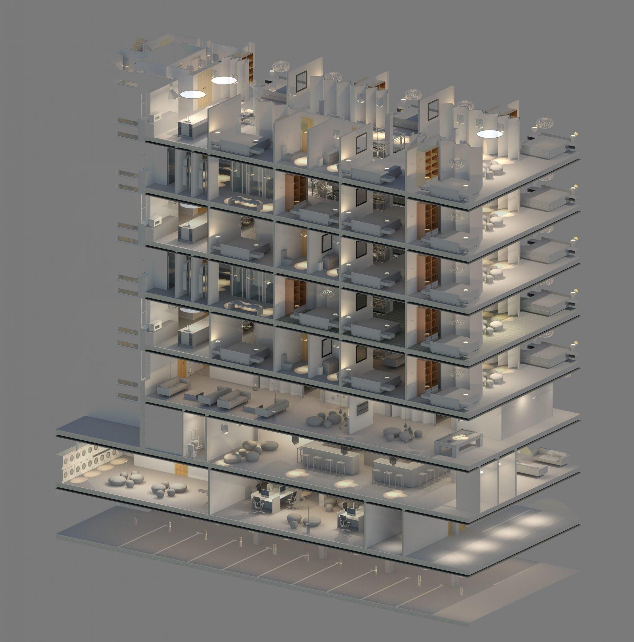 Isometric cross-section of building