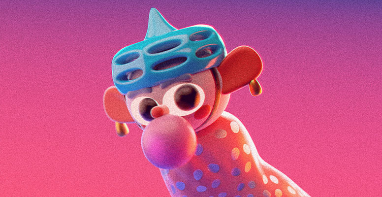 Close-up illustration of a pink spotted creature with a large nose, eyes and ears, wearing a blue helmet.