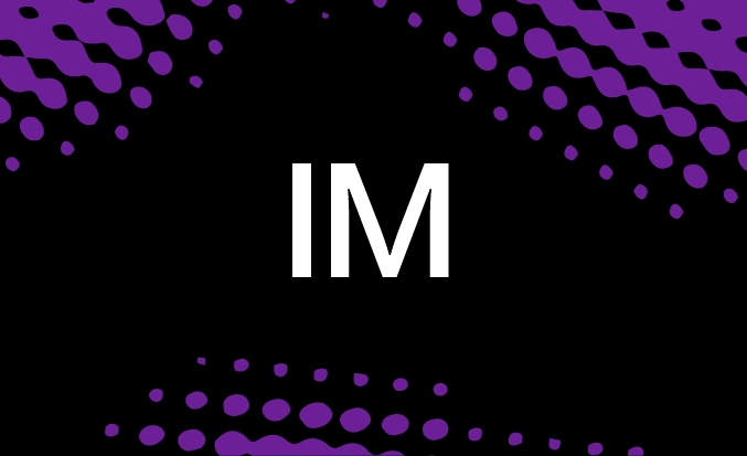 Black and purple banner with the white text "IM" in the centre.
