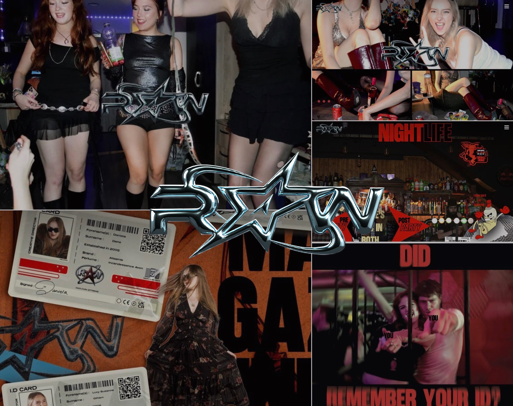 Collage of party scenes with women in black outfits, metallic logo overlay, admission tickets, and nightclub interior with red lighting.