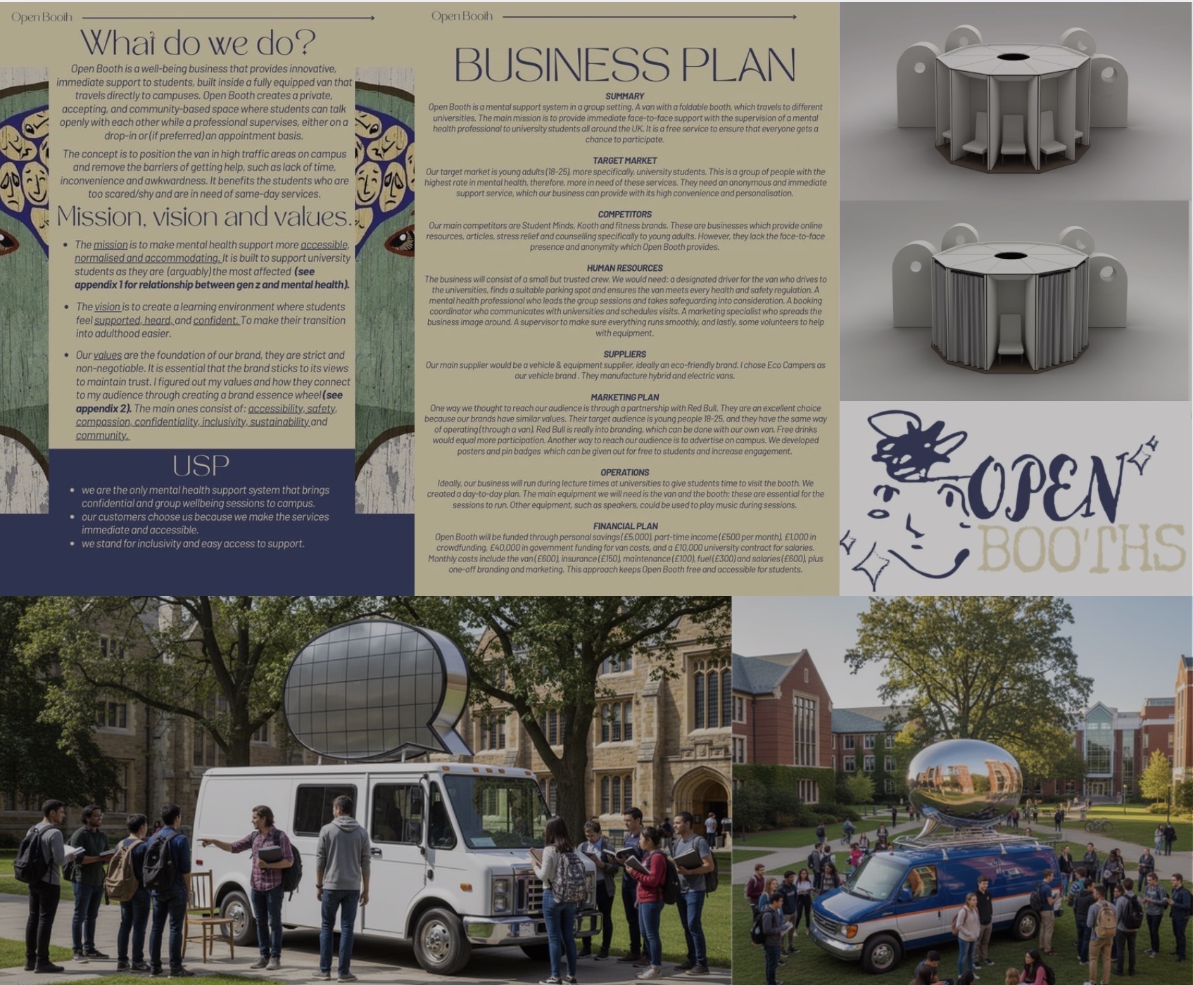Business plan document, metal cylindrical objects, "Open" sign with decorative text, and food trucks with crowds on university campus.