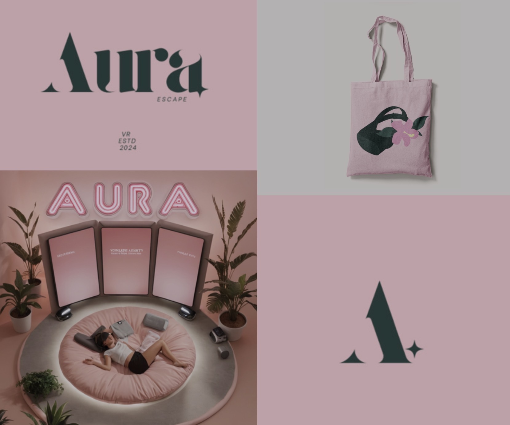 Four-panel grid showing pink and green branding designs: "Aura" logo, pink tote bag with black graphic, circular retail display with plants, and minimalist "A" lettermark.