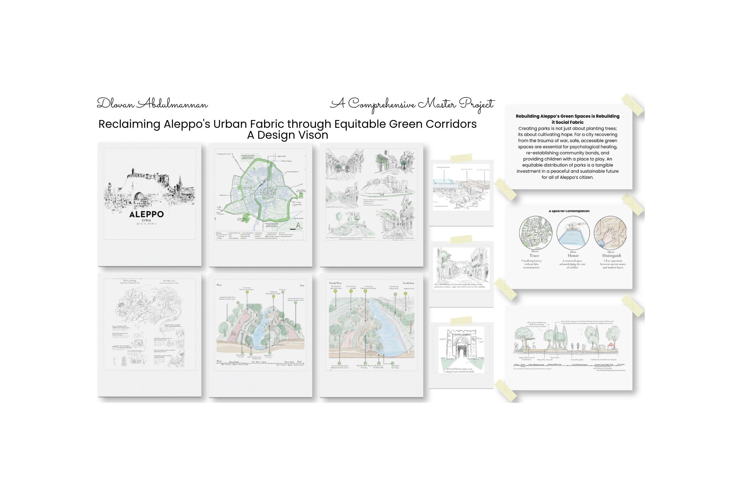 Slide with detailed images of architectural plans and green spaces, creating parks, rivers and green corridors. Diagrams and sketches of these and street views on a white background.