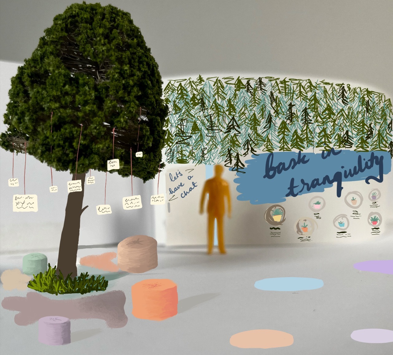 Colourful illustrations on a small white paper space with a tree, orange figure, colourful seating and green trees in the background.