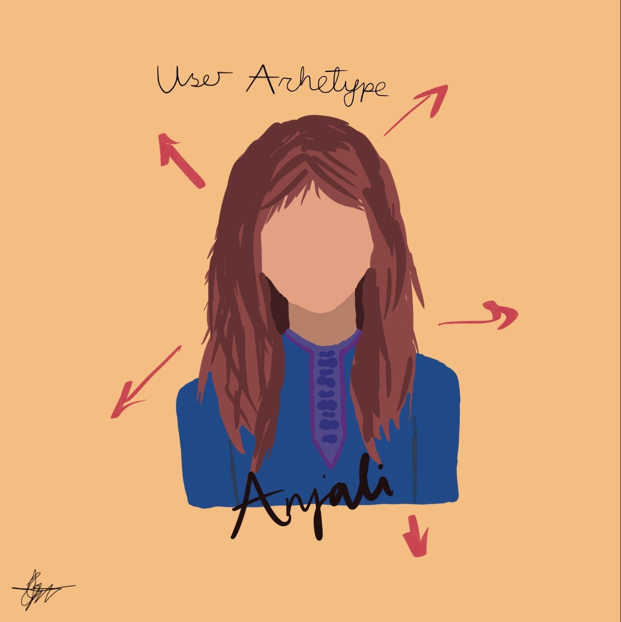 Illustration of a faceless woman with red arrows pointing outwards, warm yellow background.