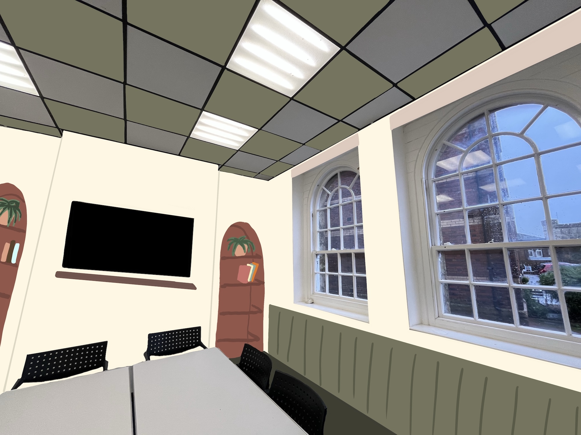 3D rendered interior with cream walls, green wainscoting, suspended ceiling grid, arched windows, red door, and black television mounted on wall.