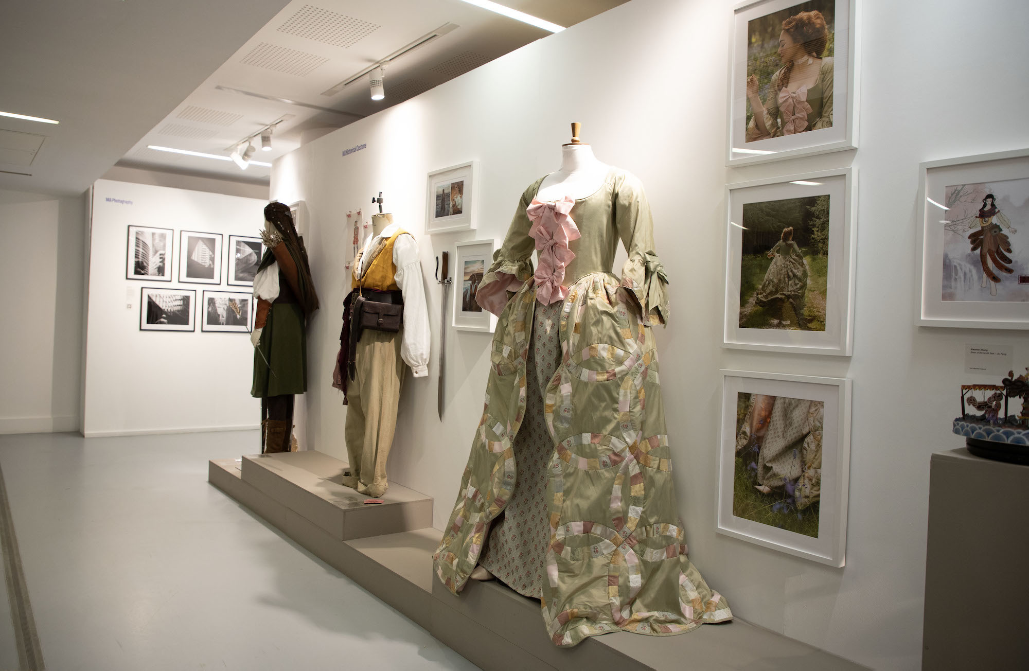 Historical costumes on display on mannequins at TheGallery, AUB during the 2023 MA Graduate shows.