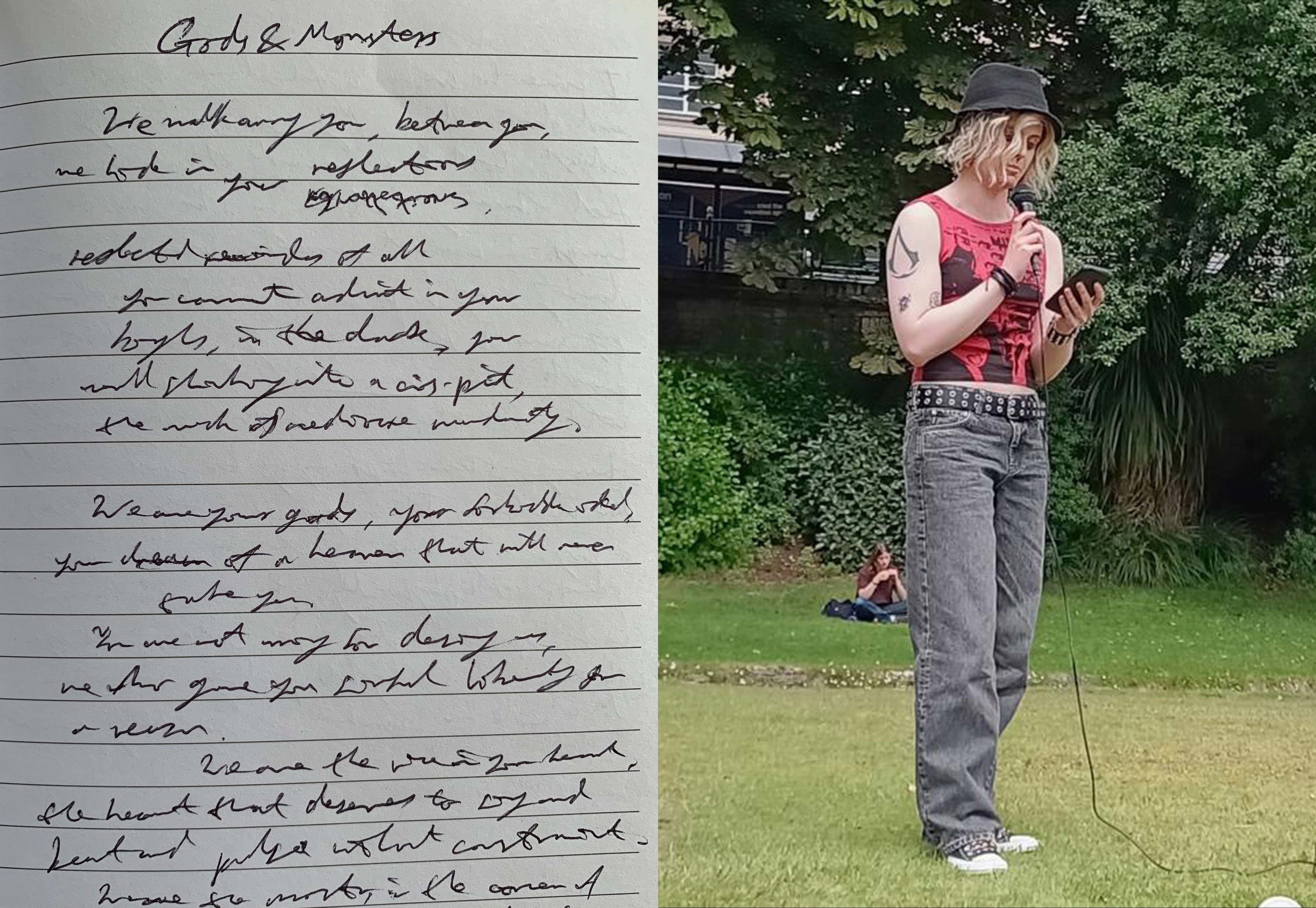 Split image of poetry writing and C Williamson performing spoken word in Bournemouth Gardens.