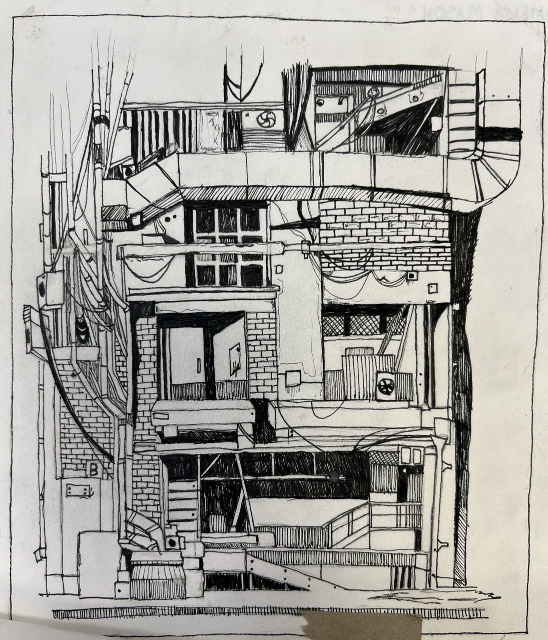 Abstract, detailed architectural illustration drawn with pen on paper.