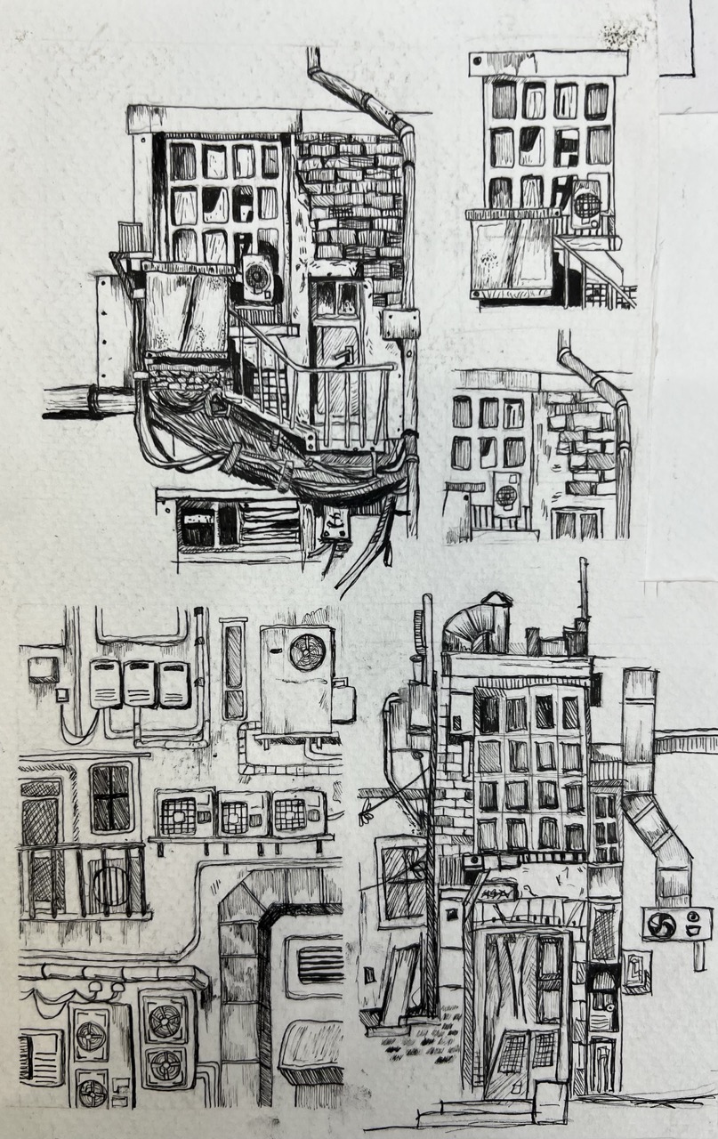 Abstract, detailed architectural illustrations drawn with pen on paper.