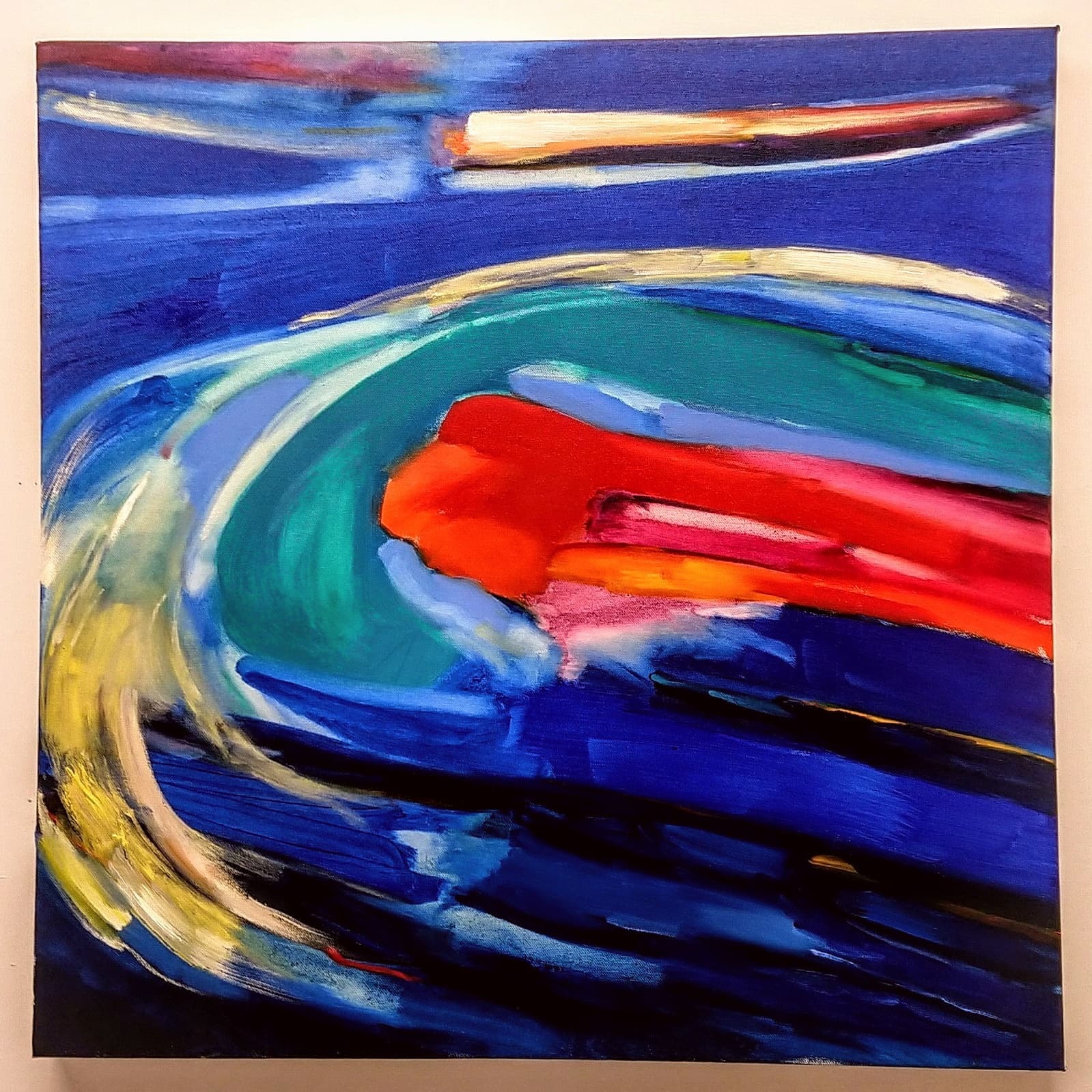 Abstract painting, mainly in blue with horizontal stripes of other colours.