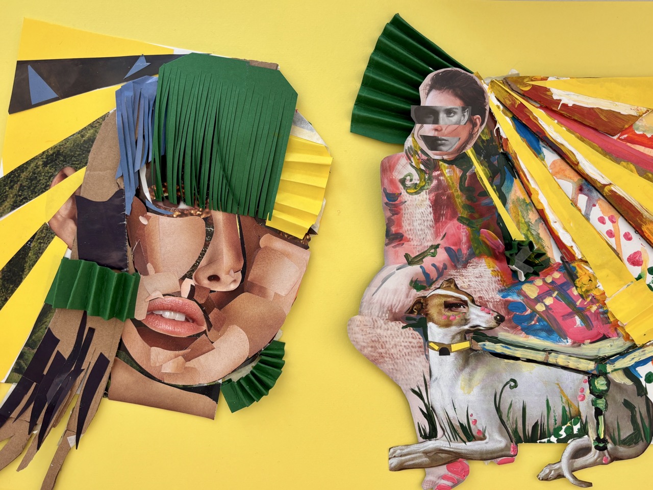 Two layered collage portraits on a yellow background, including a large face with green paper strips and a smaller figure with a white horse.