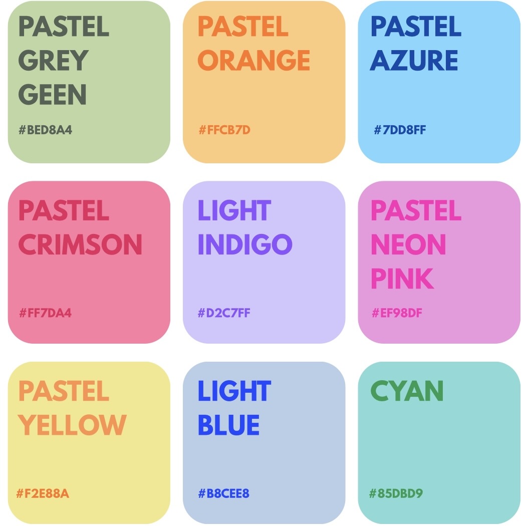 A grid of nine pastel colour swatches, each labelled with a colour name and hex code on a white background.