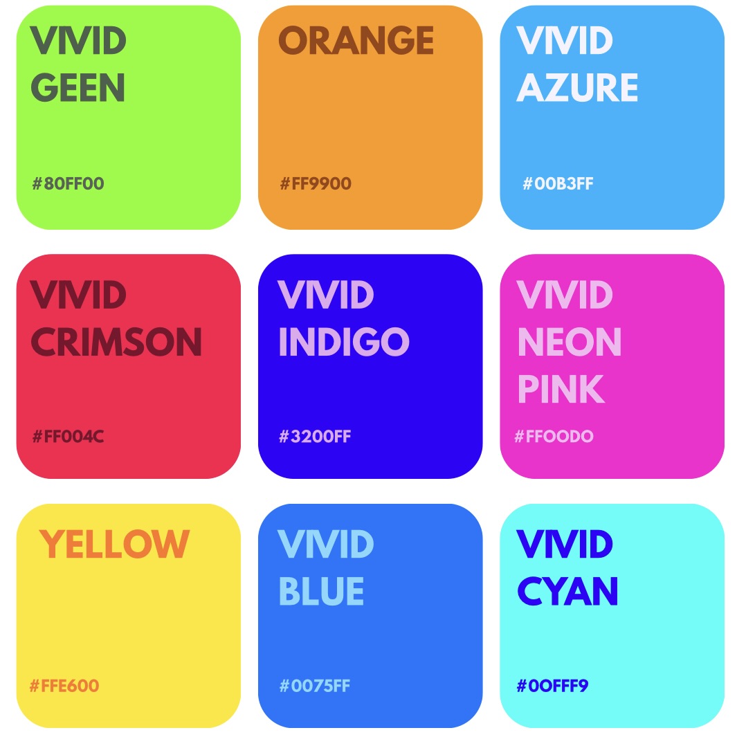 A nine-panel colour palette of rounded squares labelled Vivid Green, Orange, Vivid Azure, Vivid Crimson, Vivid Indigo, Vivid Neon Pink, Yellow, Vivid Blue and Vivid Cyan, each with a hex code on a white background.
