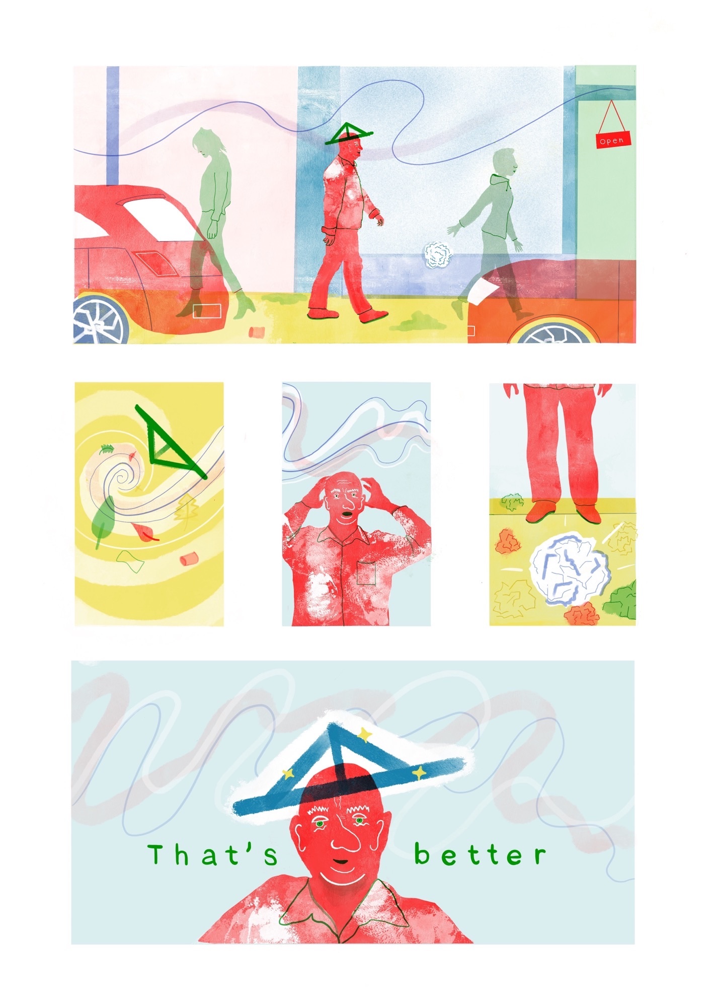 Illustrated comic strip of a red man walking down the street and wearing a hat in the wind.