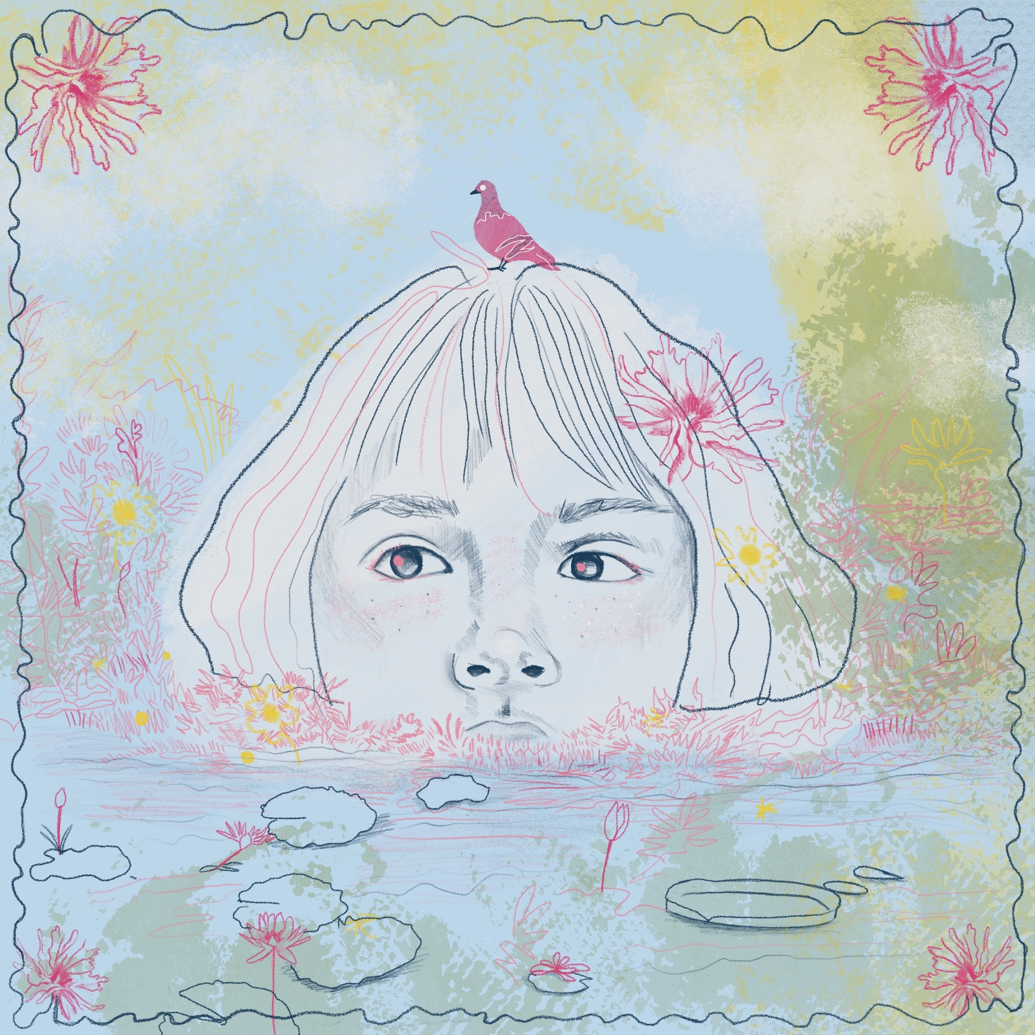 Illustration of a girl with a bird on her head in a pond, pastel.
