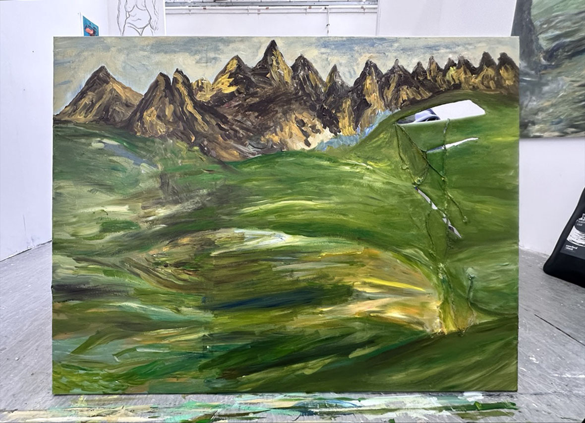 Landscape artwork on a large canvas, white studio background..