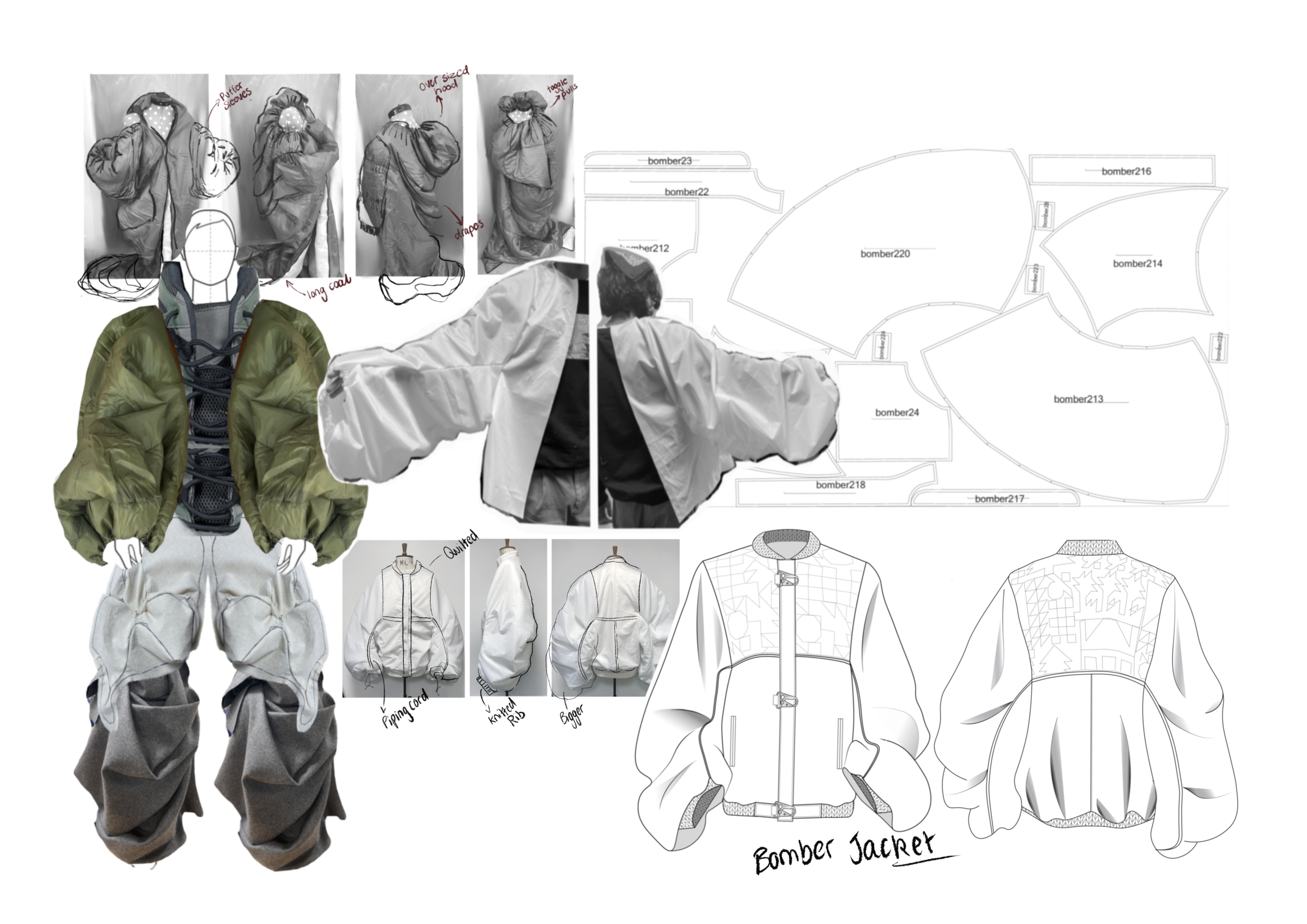 Bomber jacket sketches and study, white background.