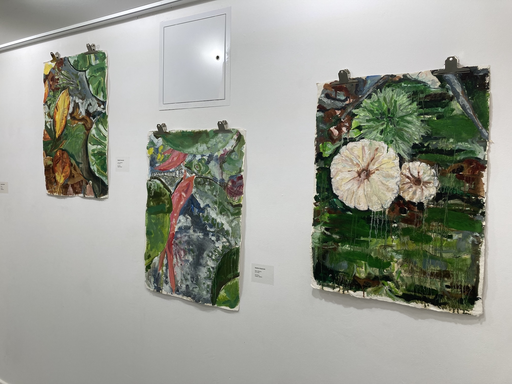 Four textured artworks mounted on white gallery wall featuring mixed media with green, brown, and colourful elements including plant materials.