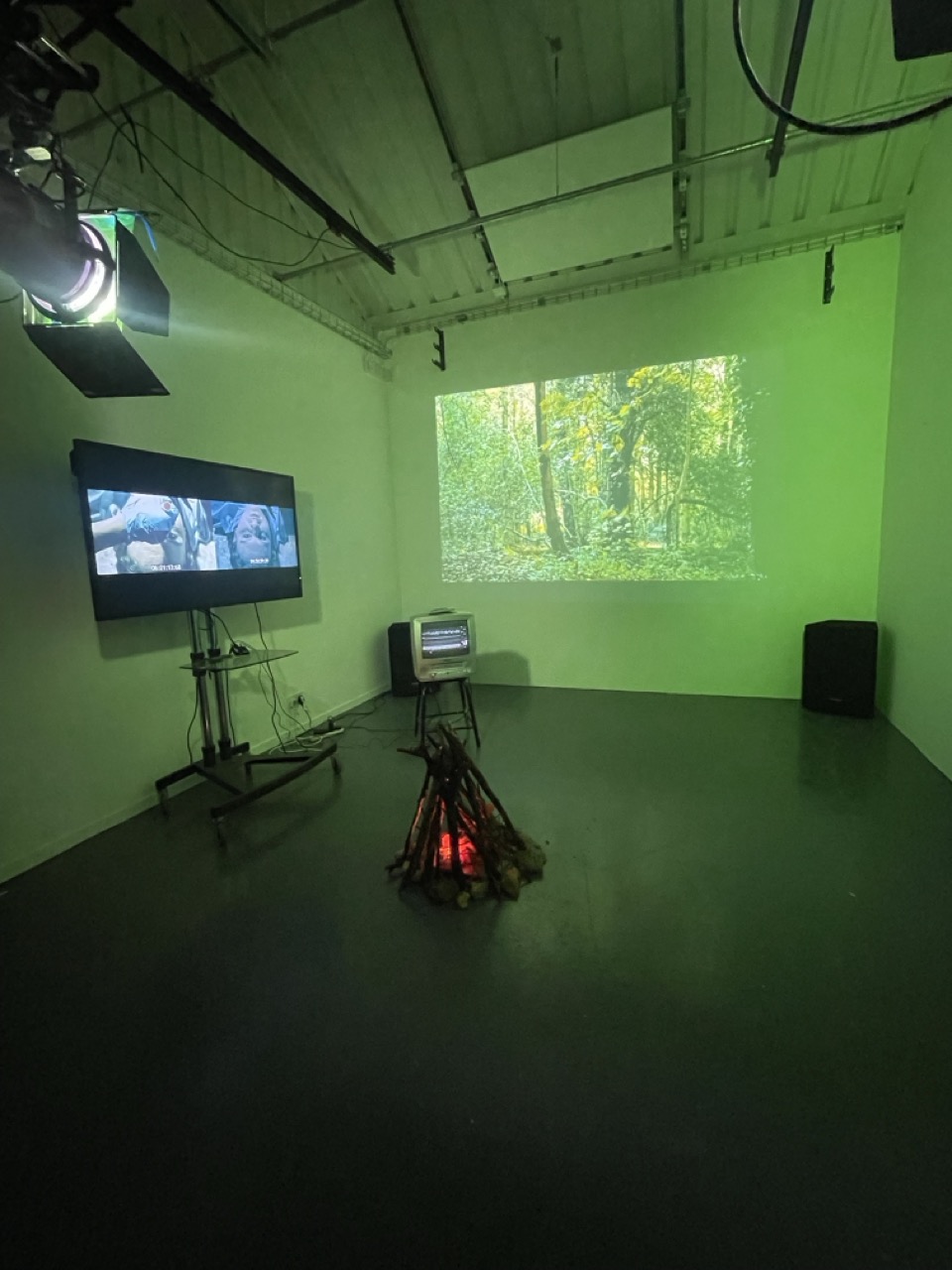 A projection of a green forest on a gallery wall, with a small screen on a stand and a lit device on the floor in an otherwise empty room.