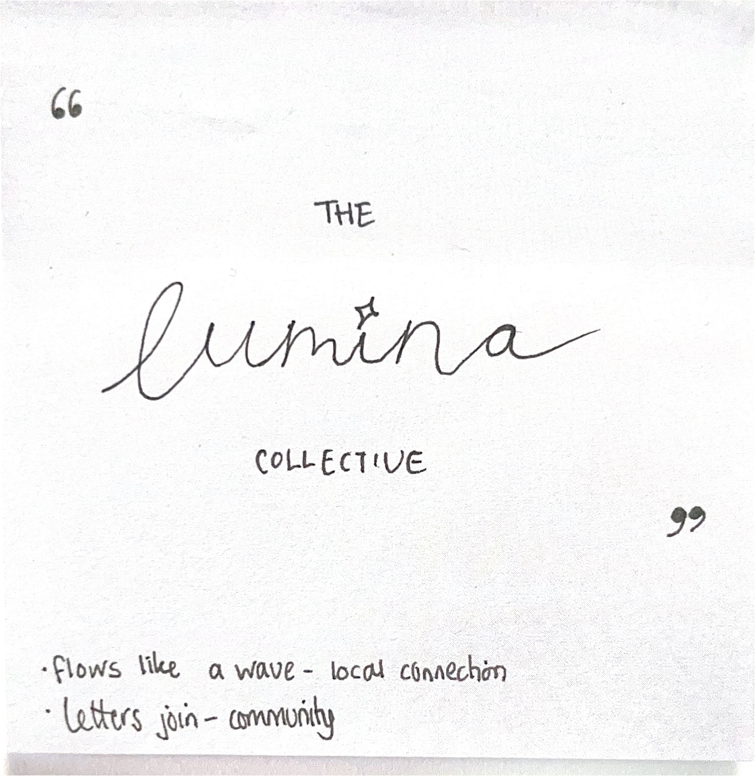 Grey text on white background. "THE" in print, "lumina" in cursive script, "COLLECTIVE" in capitals. Quotation marks top left and bottom right. Handwritten notes below about waves and letters.