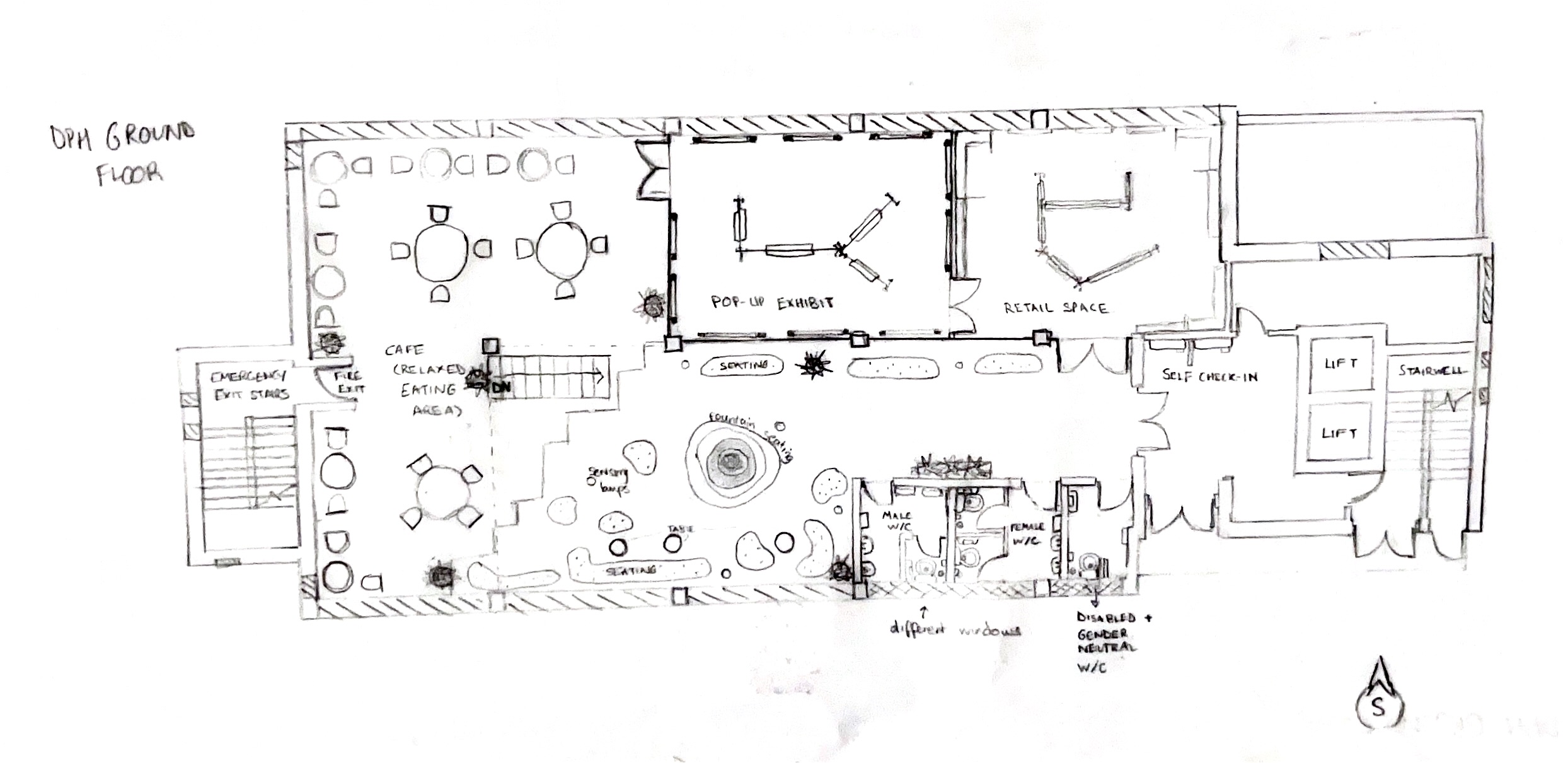Sketch of a ground floor building plan with different rooms for pop-up exhibits, retail spaces and seating areas, white background.