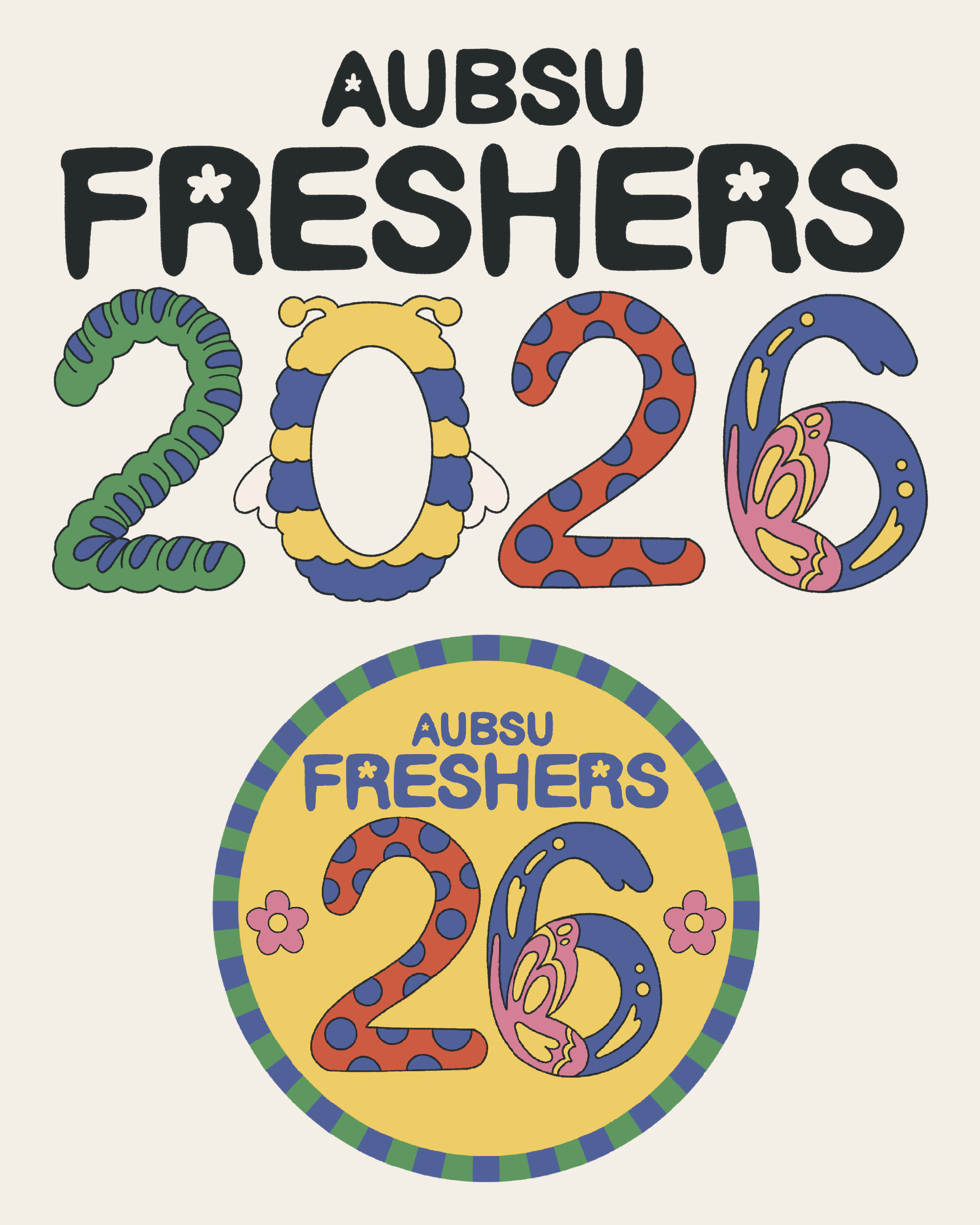 A colourful AUBSU Freshers 2026 graphic with large patterned numbers and a circular badge beneath, on a light background.