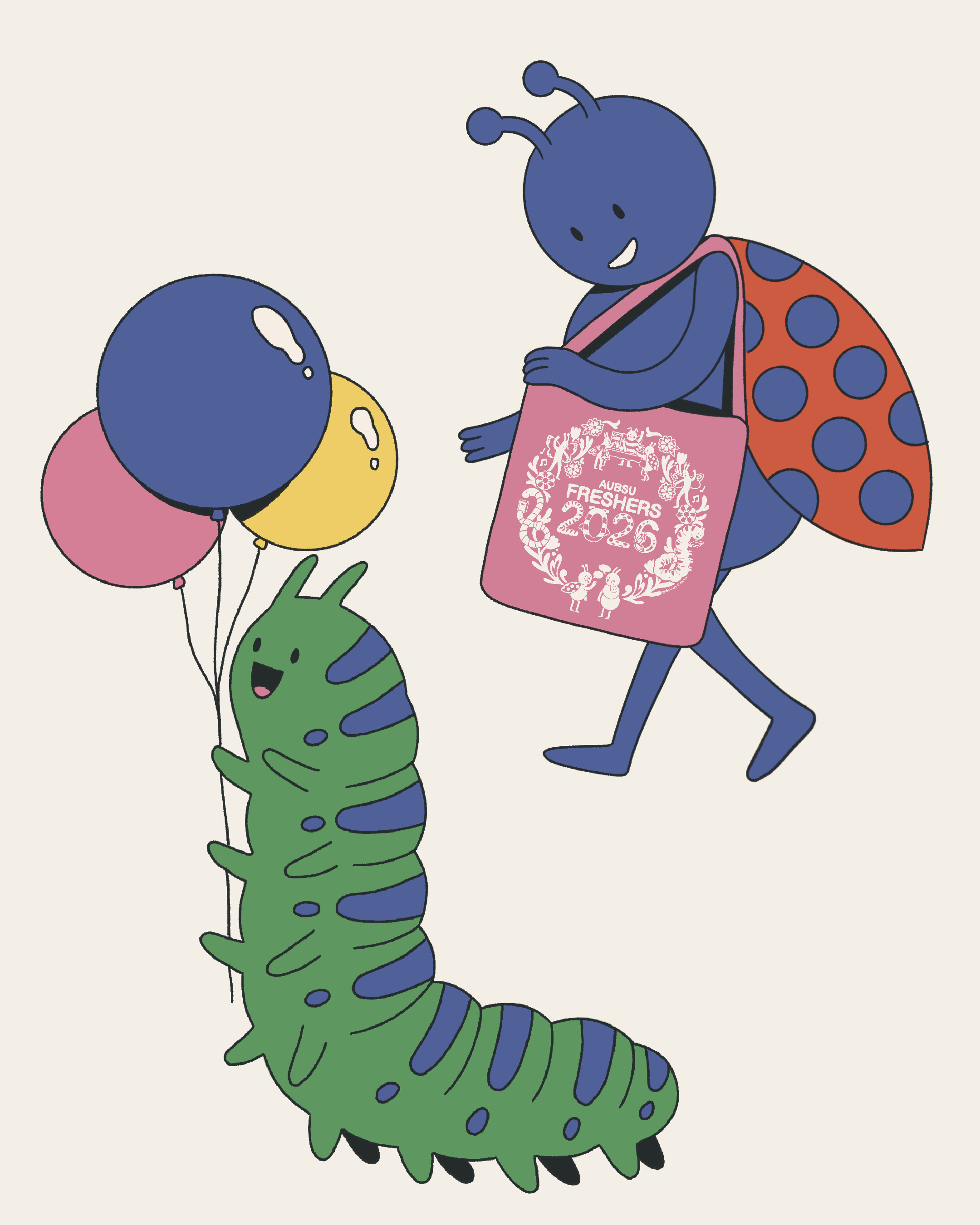 A blue cartoon insect carries a pink tote bag with balloons, following a green caterpillar on a plain light background.