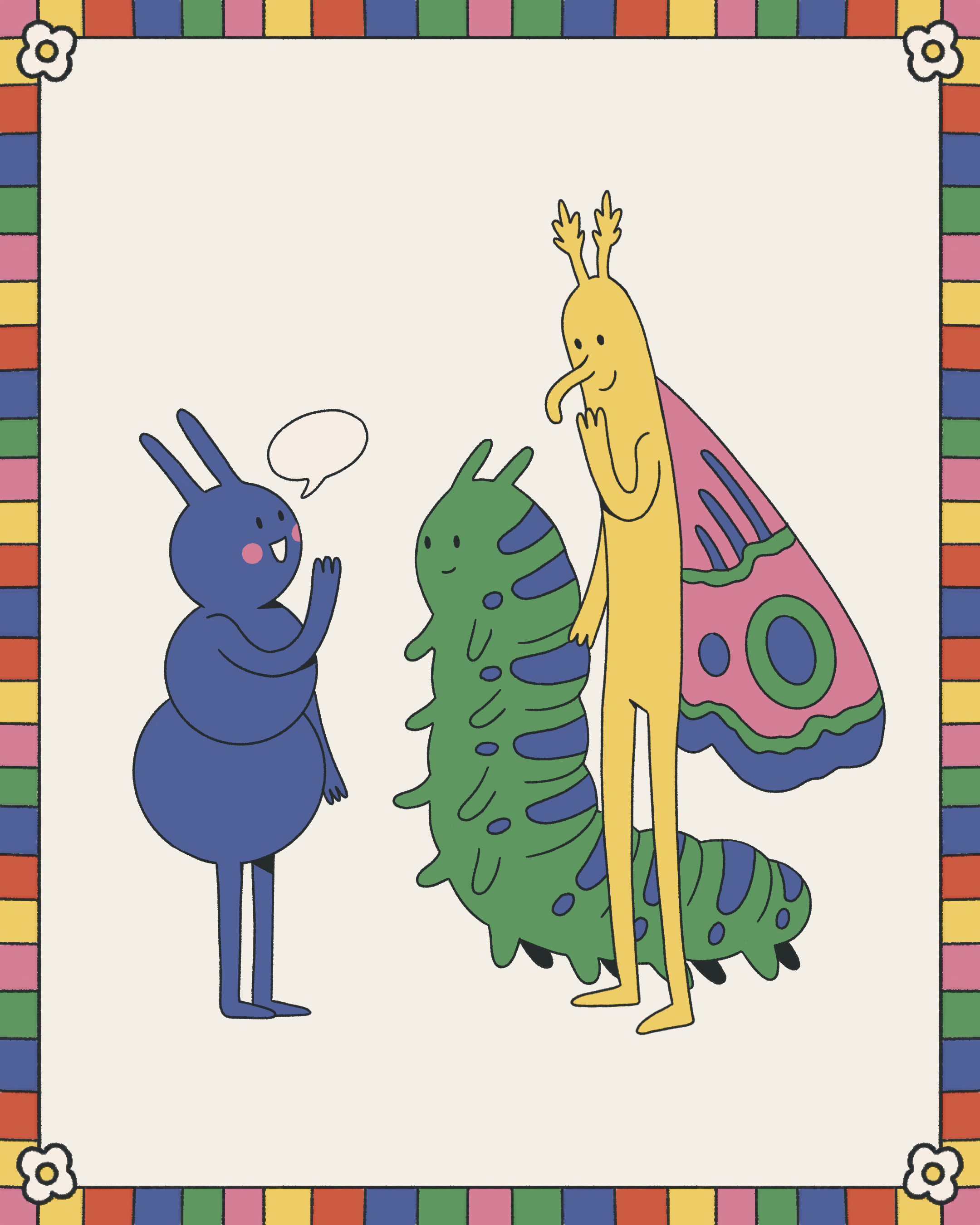 A blue rabbit-like character faces a taller yellow figure with a colourful wing-like back, set on a cream background framed by a multicoloured border.