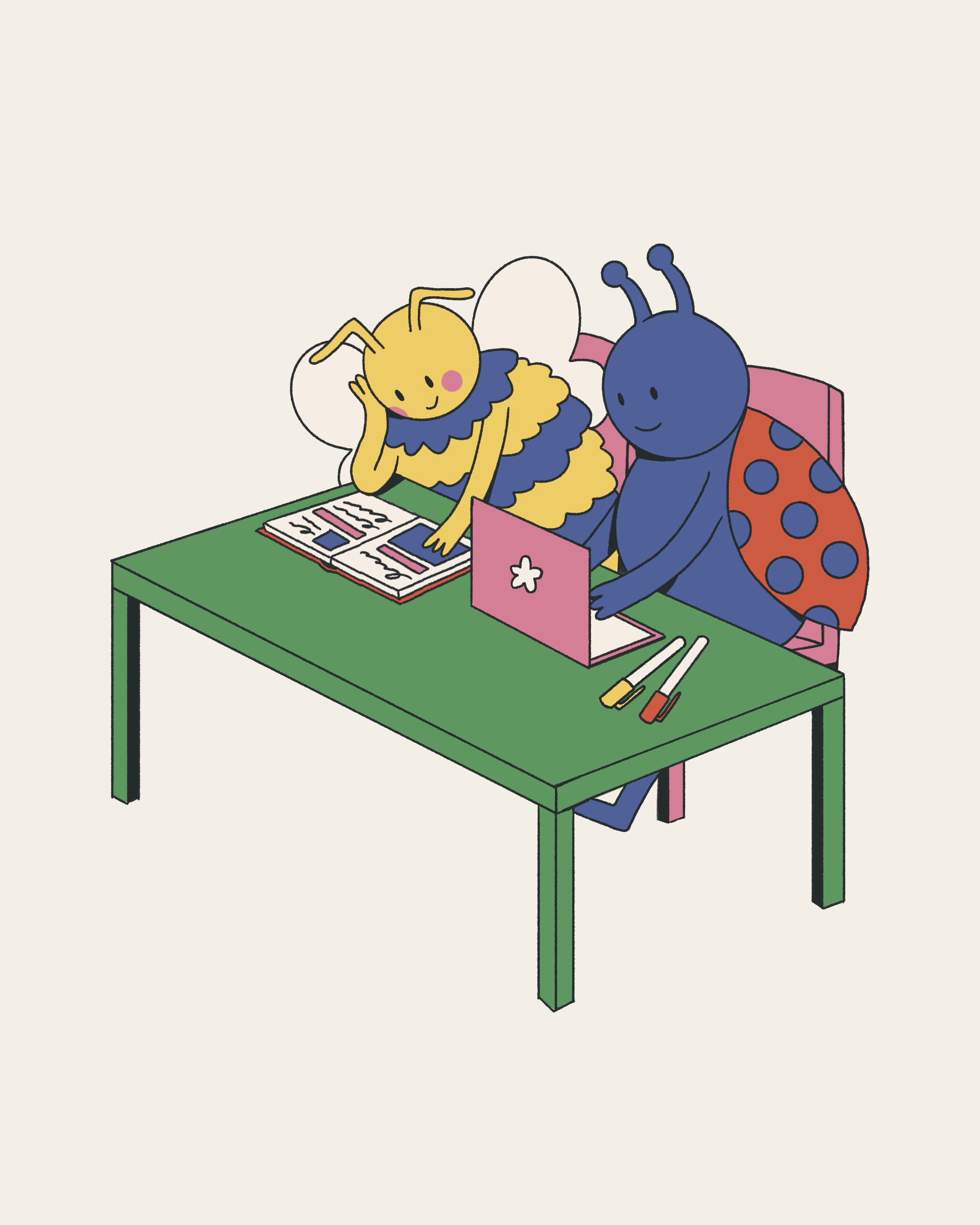 A yellow bee and a blue ladybird sit at a green table, studying books with a pink laptop and pencils on the tabletop.