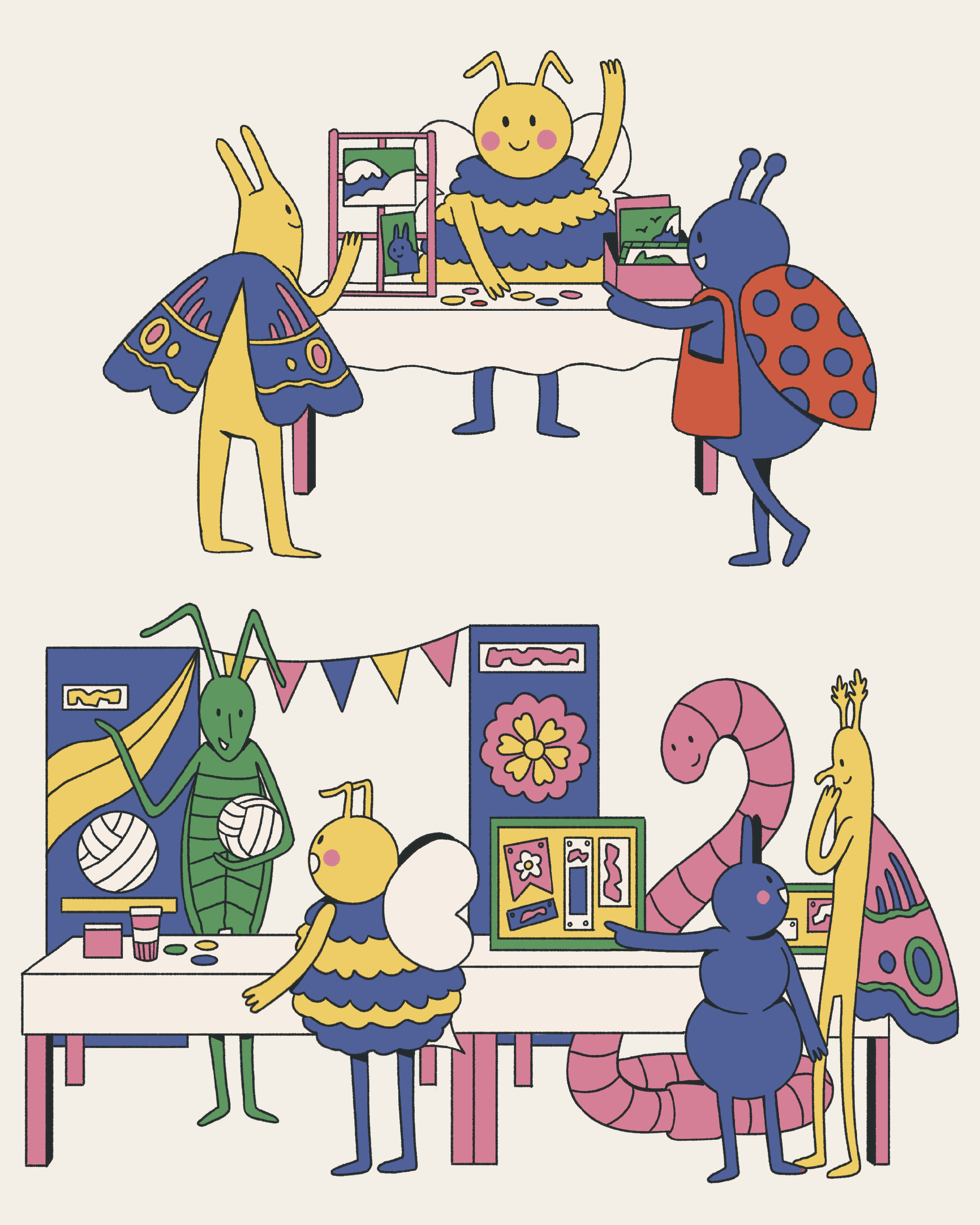 A colourful illustration of anthropomorphic insects around tables with craft supplies, with bunting and framed pictures in the background.