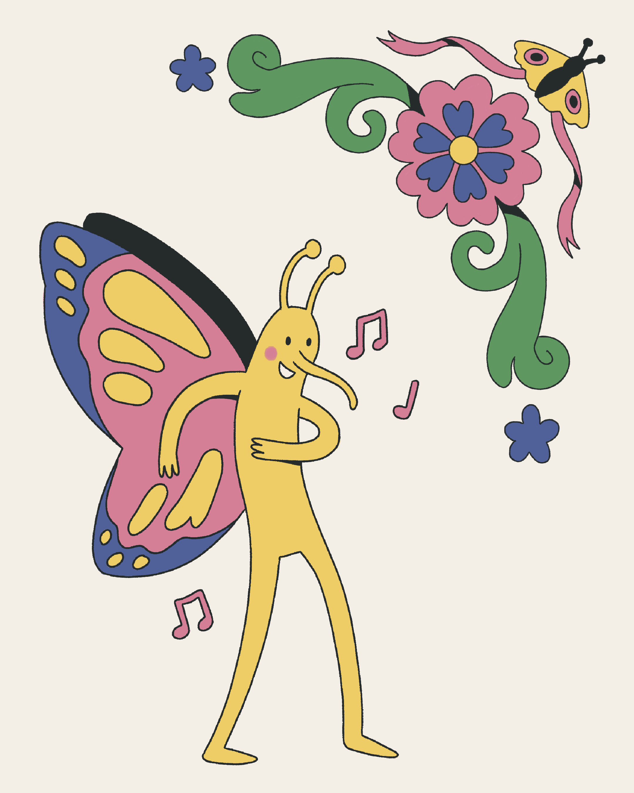A yellow butterfly character with pink and blue wings holds one hand to its chest, with musical notes and decorative flowers on a cream background.