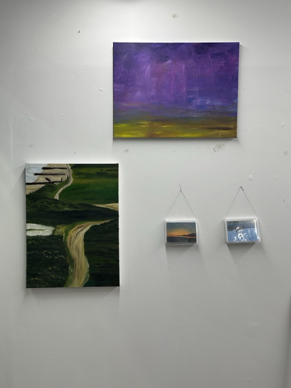 Multiple abstract paintings hung on a white wall.