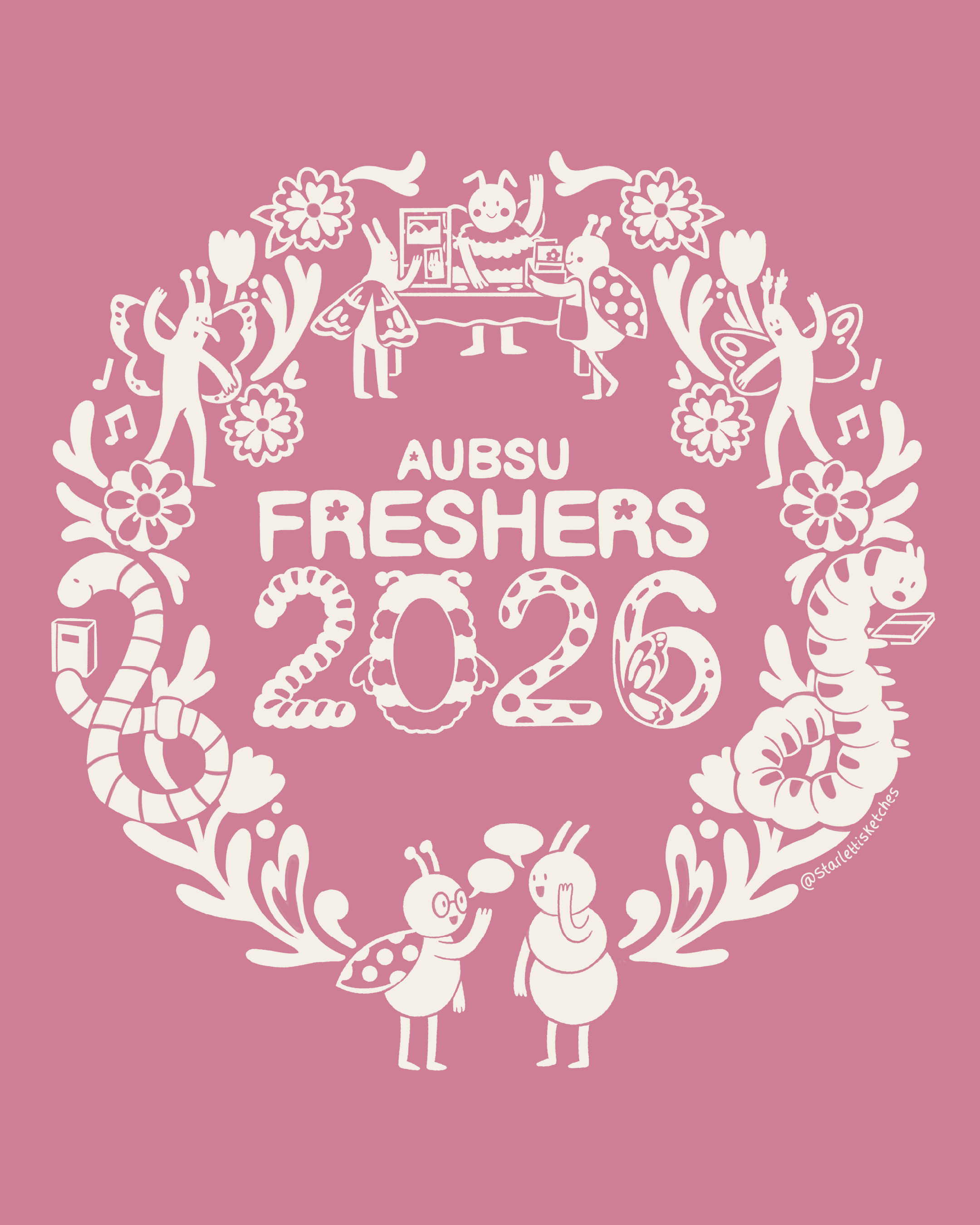 A pink poster with a white floral wreath surrounding the text 'AUBSU FRESHERS 2026', with small illustrated animals, music notes and decorative shapes around the design.