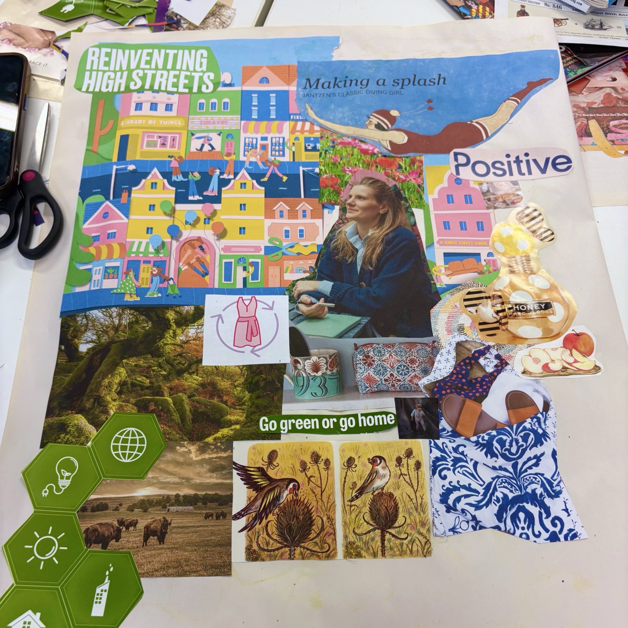 A collage of colourful cut-out images and slogans on a table, including the words 'Reinventing High Streets', 'Making a splash', 'Positive' and 'Go green or go home'.