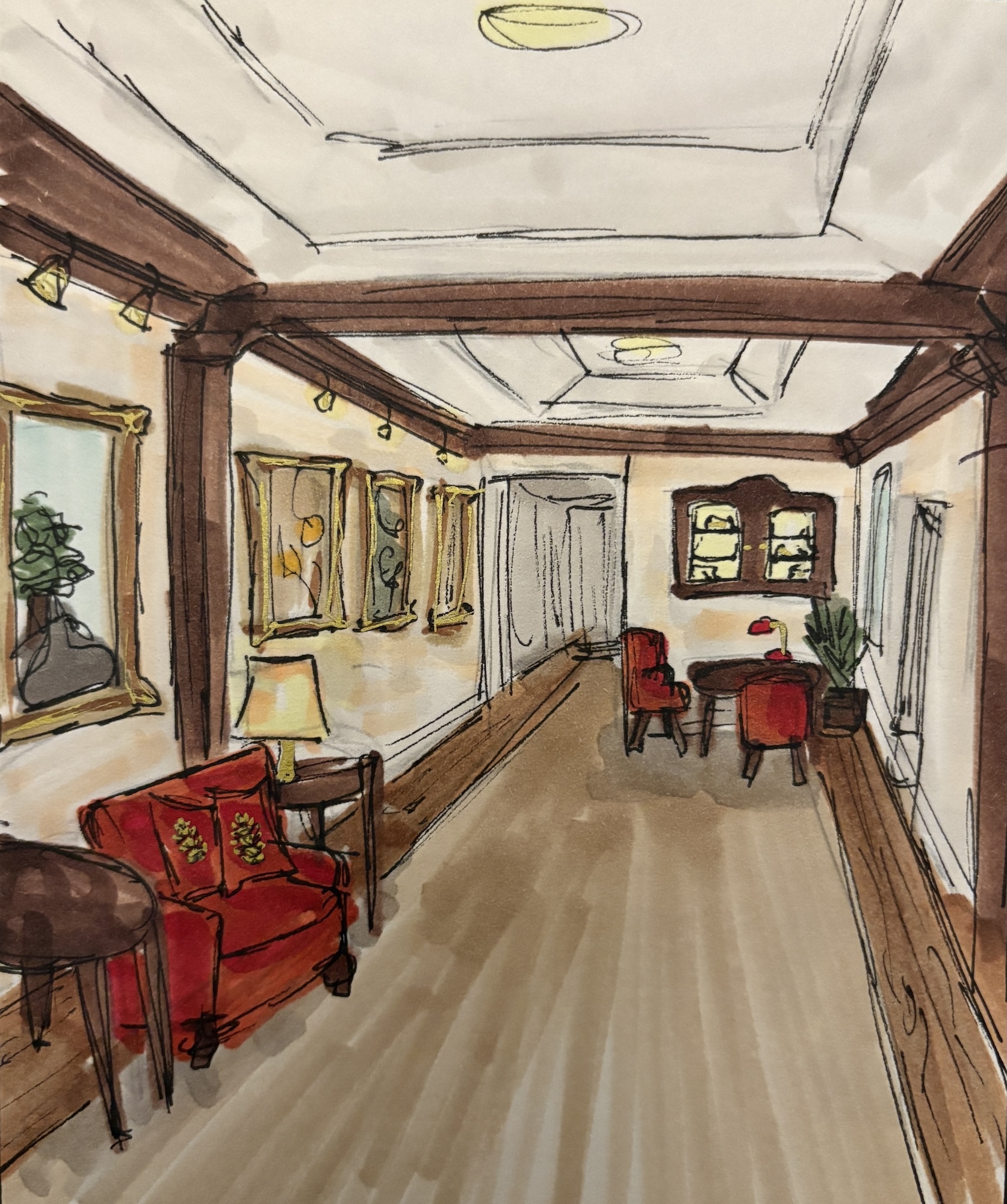 Interior sketch with dark wooden beams, cream walls, red upholstered furniture, brown wooden floors, white coffered ceiling