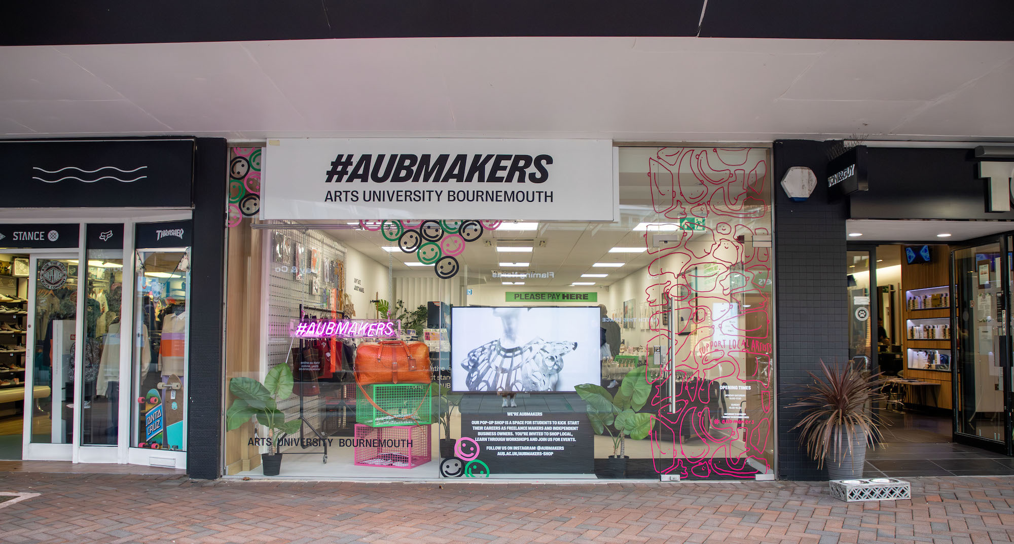 Exterior of the #AUBMakers pop-up shop on Poole High Street.