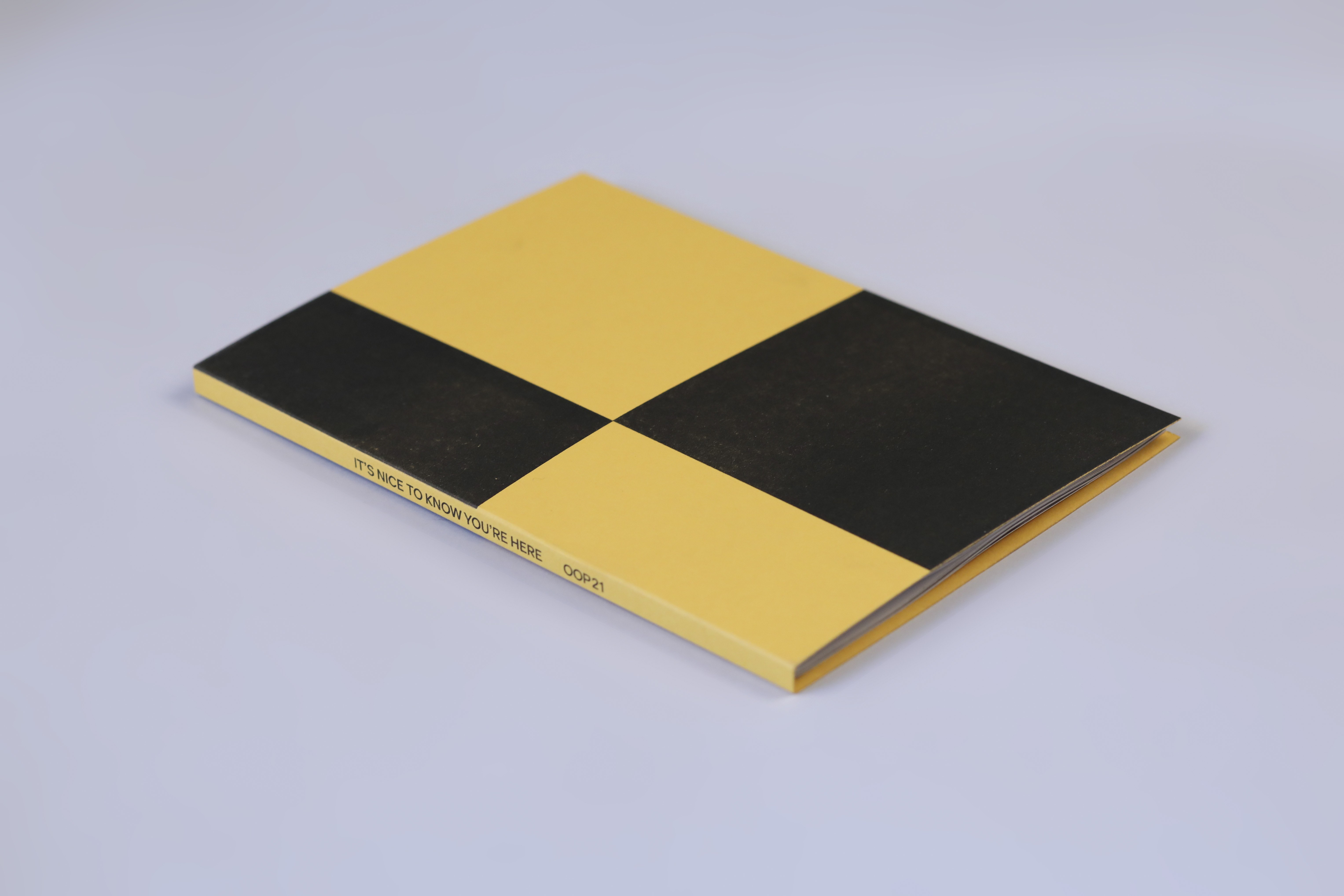 A thin book lies on a plain surface. The title "It's Nice to Know You're Here" appears down the spine.