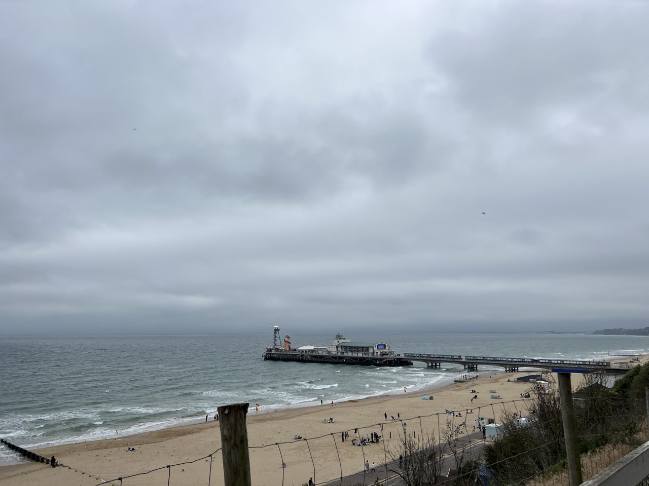Bournemouth Pier on a cloudy day taken from the clifftops.
