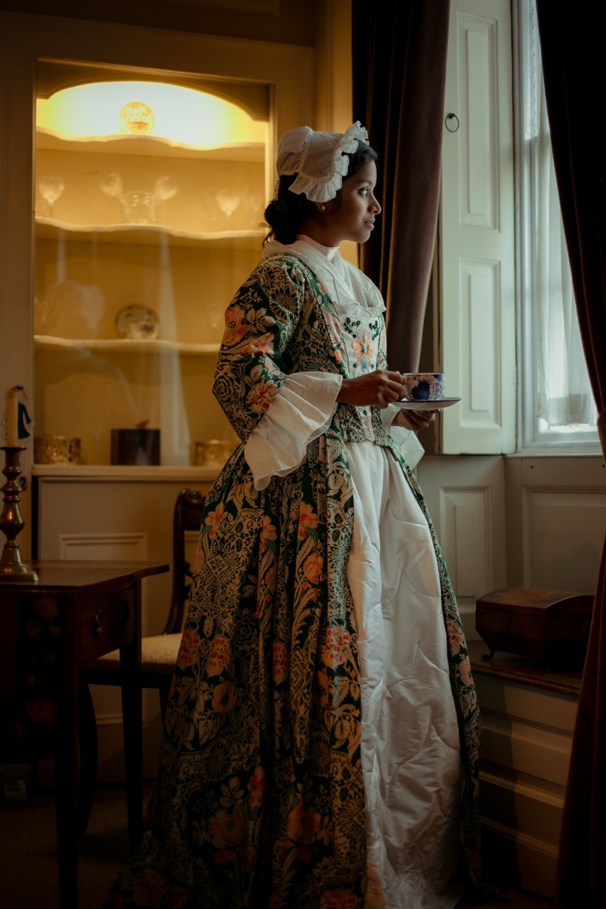 Woman in 18th-century floral dress and white cap stands by window holding teacup, warm golden light from shelving unit behind.