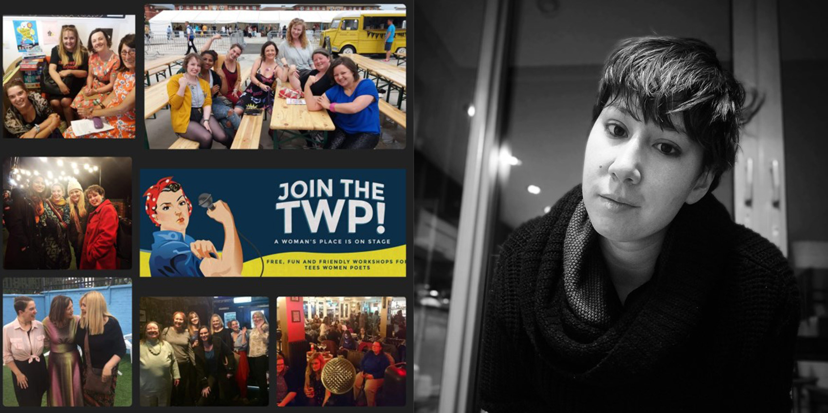 Banner with a series of photos featuring the Tees Women Poets on the left, and a headshot of J Gardosi on the right.